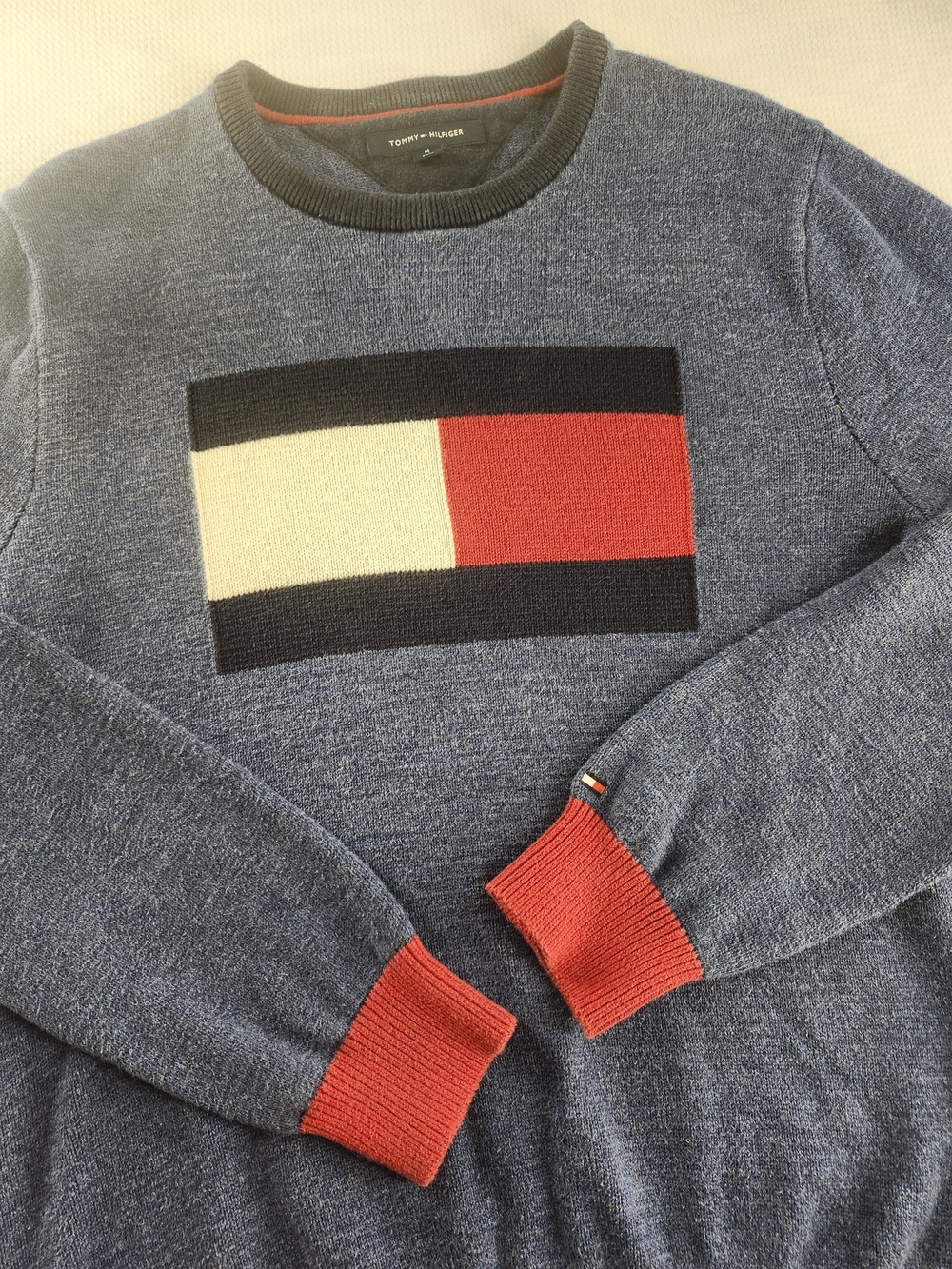 Tommy Hilfiger Mens M Blue Cotton Knit Crew Neck Pullover Logo Colorblock